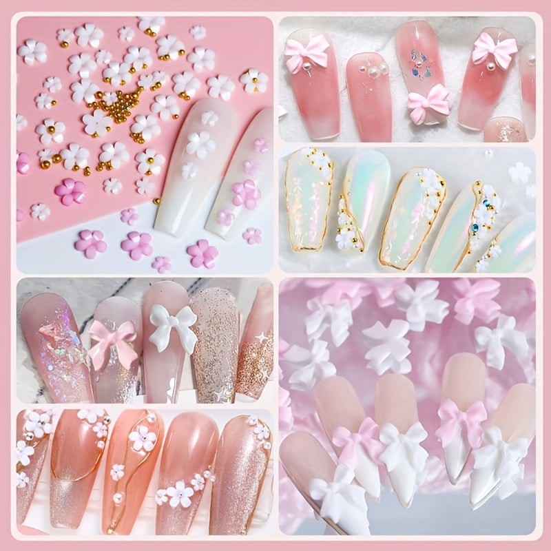 Cute Acrylic 3D Flower Nail Art Kit – Bows, Pearls & Gems for DIY Manicure