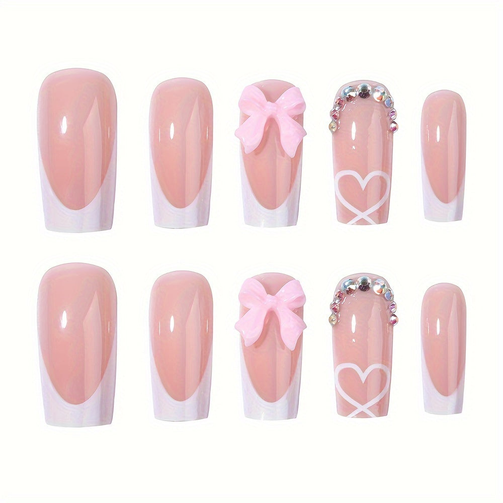 Reusable French Nude Square Nails – 24pcs with Bow & Heart Design