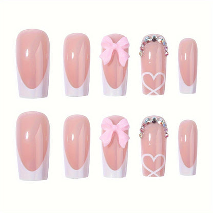 Reusable French Nude Square Nails – 24pcs with Bow & Heart Design